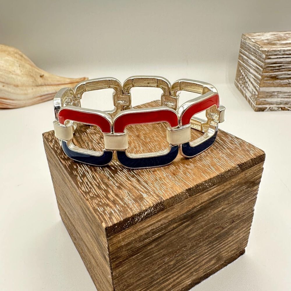 Vintage 90's Enamel Red White Blue Stretch Bracelet